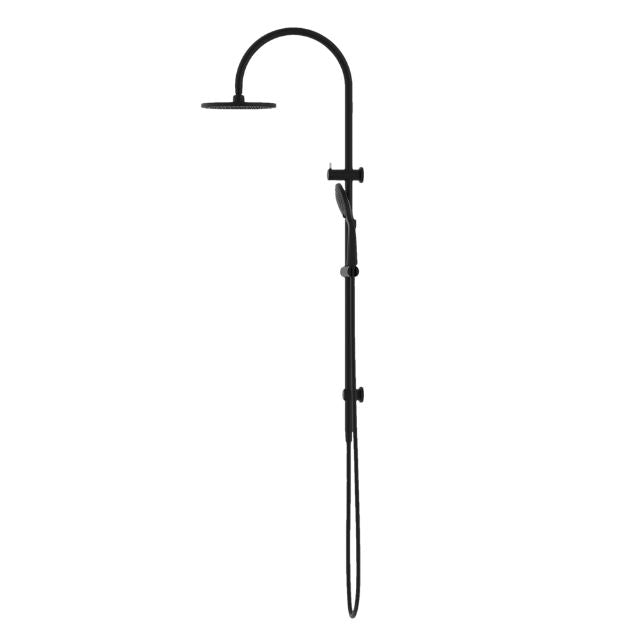 Nero Mecca twin shower rail in matte black with overhead round shower head and hand shower on white background