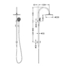 Technical drawing of Nero Mecca twin shower in matte black, showing wall-mounted rail, hand shower and overhead head with dimensions.