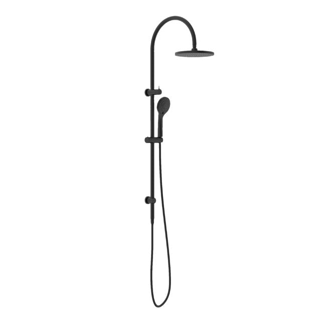 Nero Mecca twin shower rail set in matte black with overhead shower and hand shower on a wall-mounted rail
