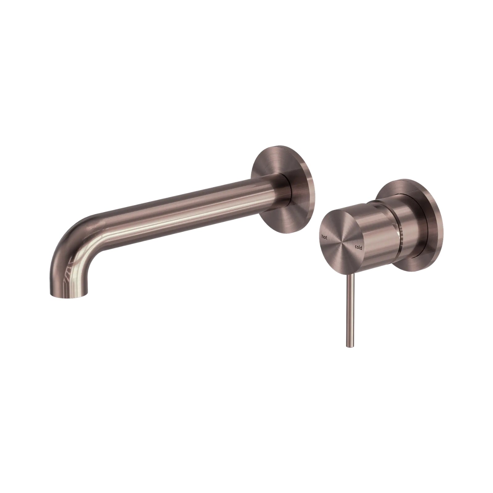 Nero Mecca wall basin/bath mixer in brushed bronze, with round back plate and 230mm curved spout, wall mounted on white background