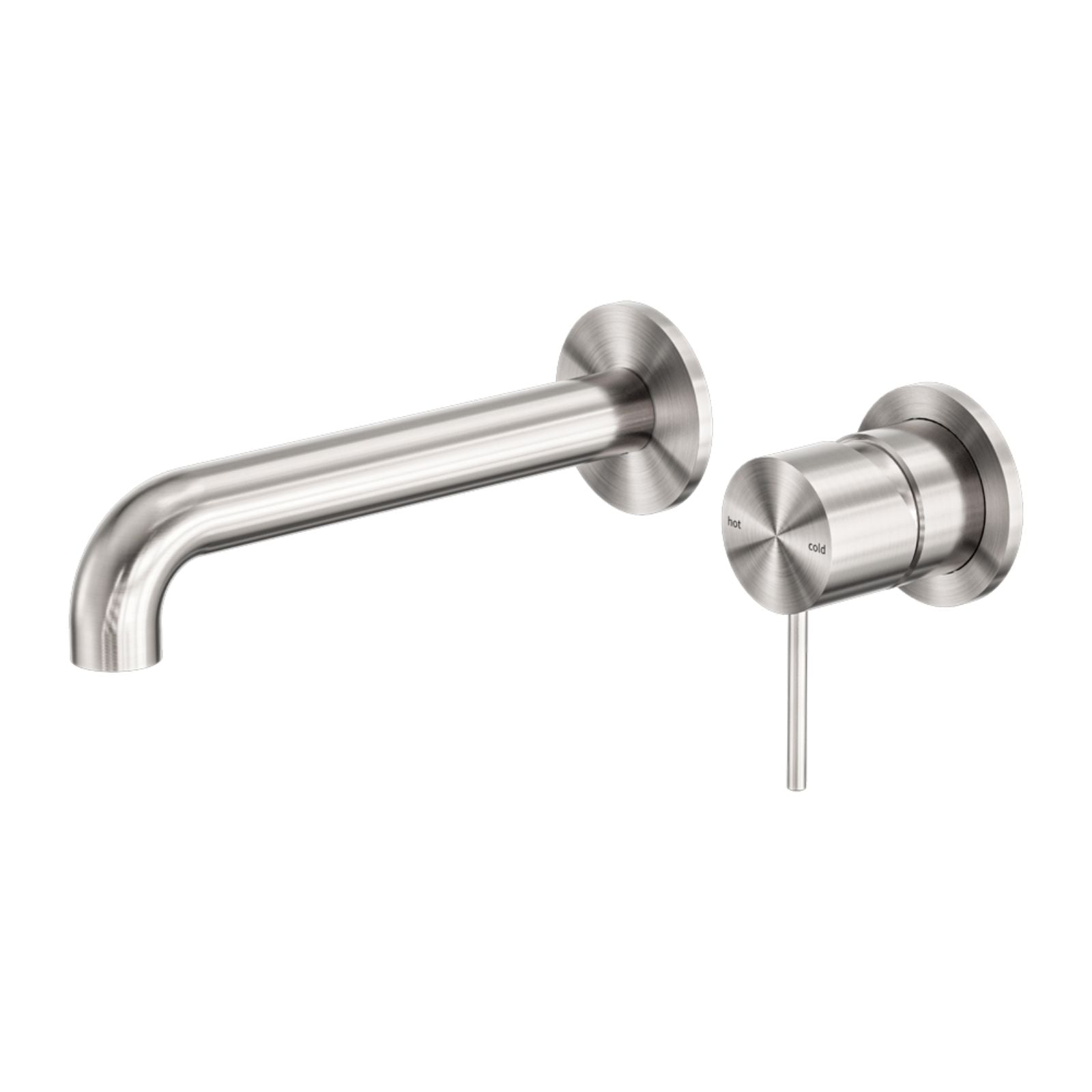 Nero Mecca wall basin/bath mixer in brushed nickel with round back plate and curved spout, front view on white background