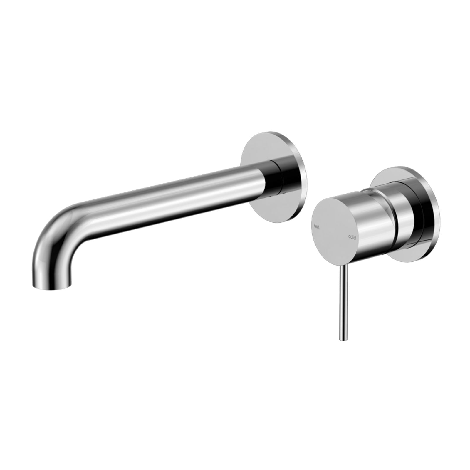 Nero Mecca wall basin/bath mixer in chrome, with round separate back plate and slim curved spout, front view on white background