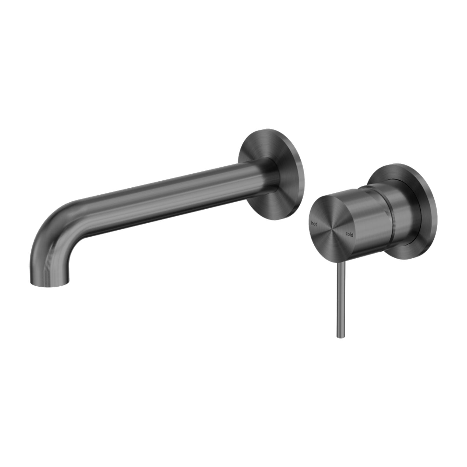 Nero Mecca wall basin/bath mixer in gunmetal with separate round back plate and curved spout, side view