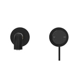 Nero Mecca matte black wall basin/bath mixer with round back plate, shown front and side views with hot/cold markings