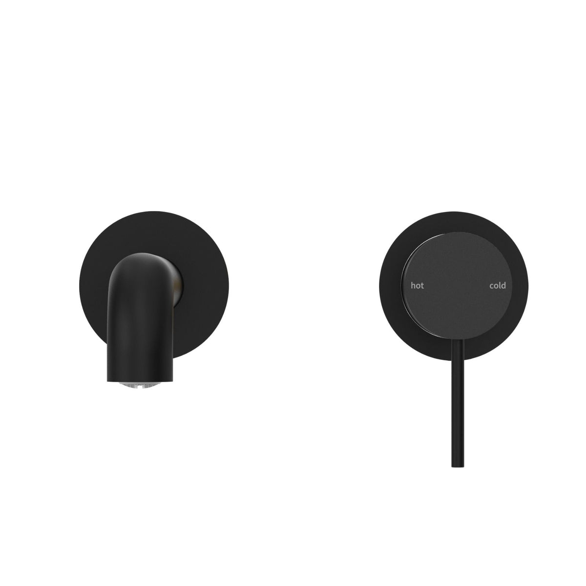 Nero Mecca matte black wall basin/bath mixer with round back plate, shown front and side views with hot/cold markings