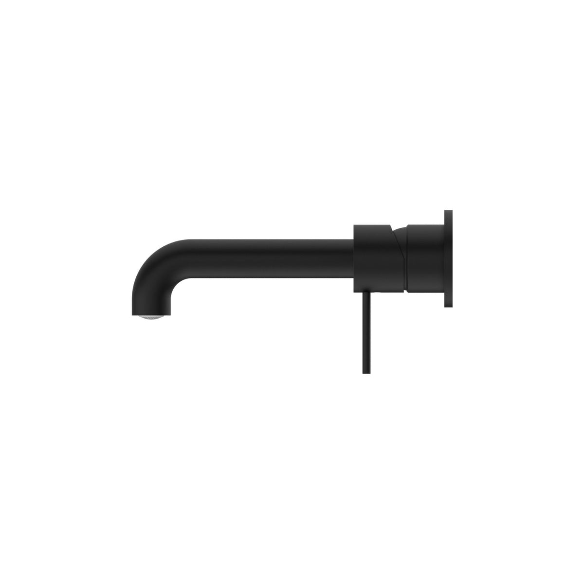 Nero Mecca wall basin/bath mixer in matte black, side view with curved spout and separate back plate