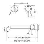 Nero Mecca matte black wall basin/bath mixer technical drawing with separate round back plate and 230mm spout dimensions