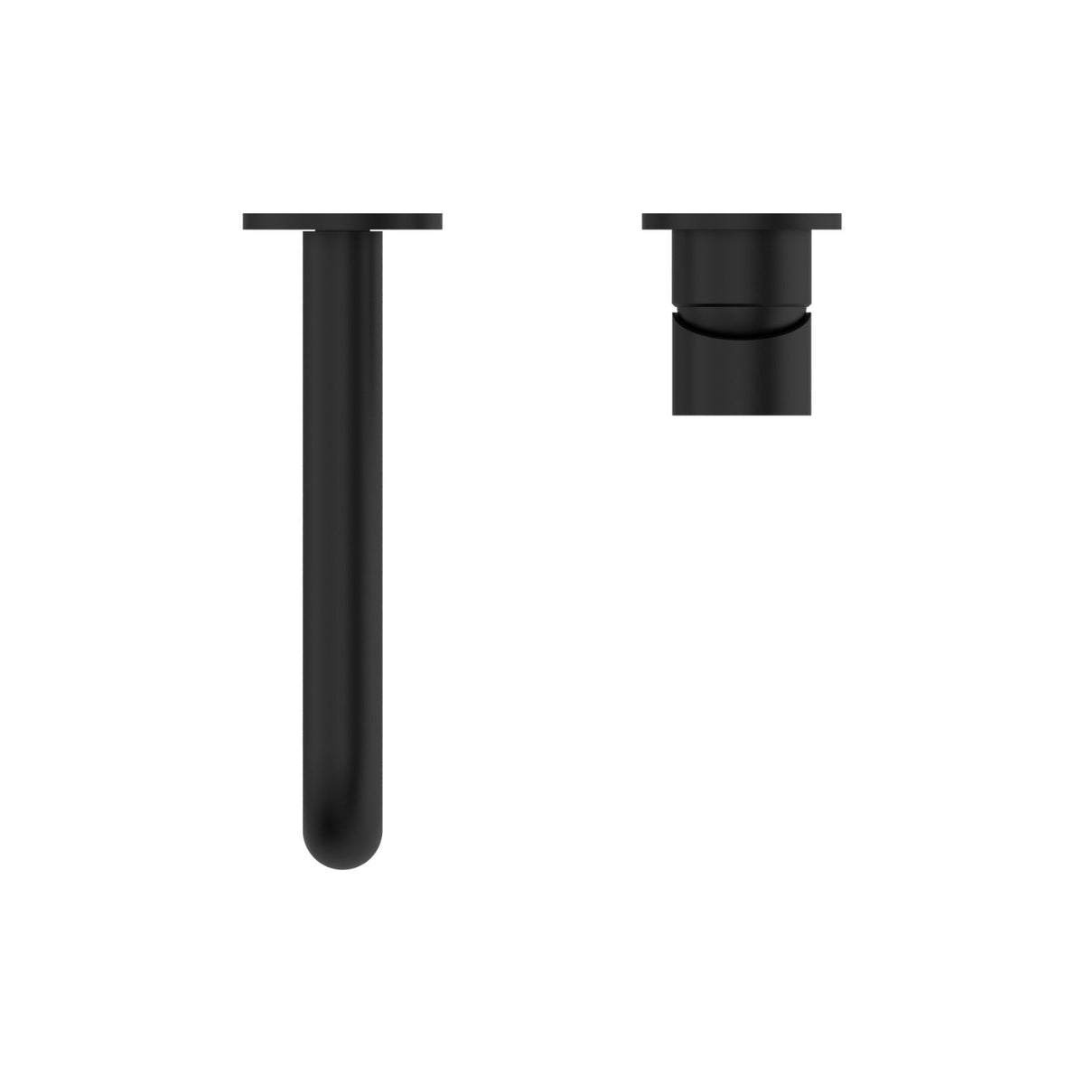 Nero Mecca wall basin/bath mixer separate back plate in matte black, shown in two component views on white background