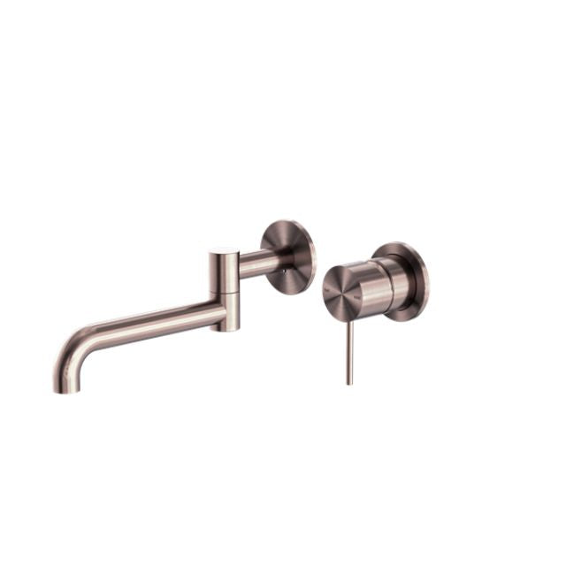 Nero Mecca wall basin/bath mixer swivel spout in brushed bronze, wall-mounted with round mixer handle, on white background