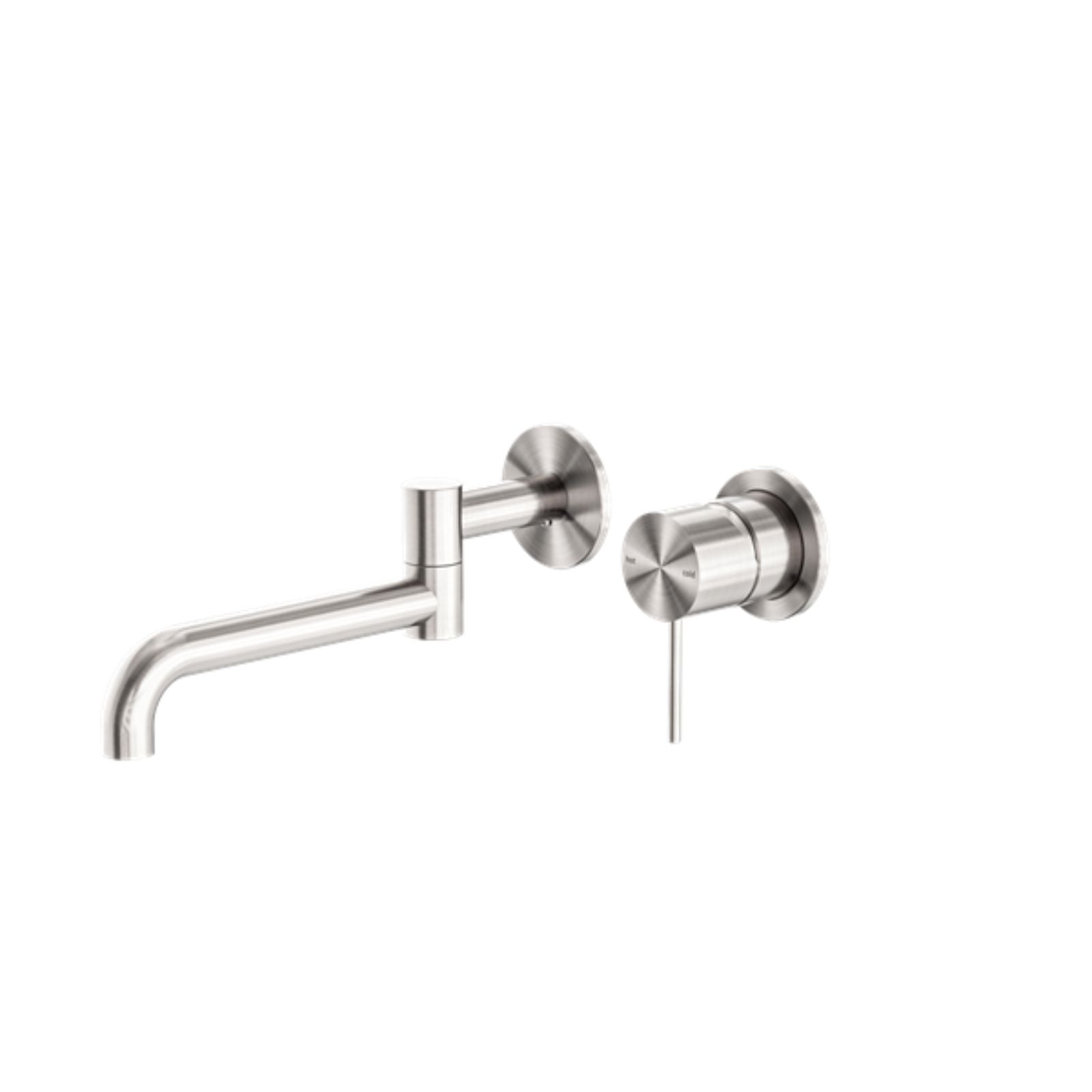 Nero Mecca wall basin/bath mixer with swivel spout in brushed nickel, wall-mounted tap set shown on white background