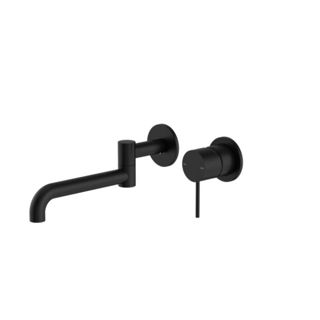 Nero Mecca wall basin/bath mixer in matte black, with 225mm swivel spout and single-lever wall-mounted control