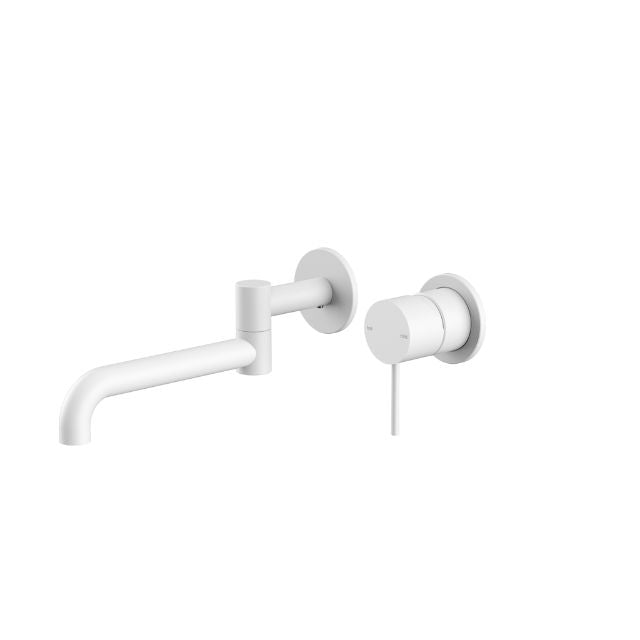 Nero Mecca matte white wall basin/bath mixer with 225mm swivel spout and round wall plate, side view on white background