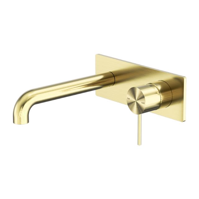 Nero Mecca wall basin/bath mixer in brushed gold with long curved spout and wall plate, side view on white background