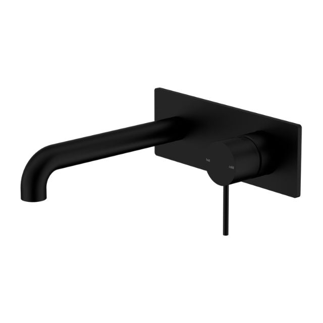 Nero Mecca wall basin/bath mixer in matte black with 260mm spout and rectangular backplate, wall-mounted tap