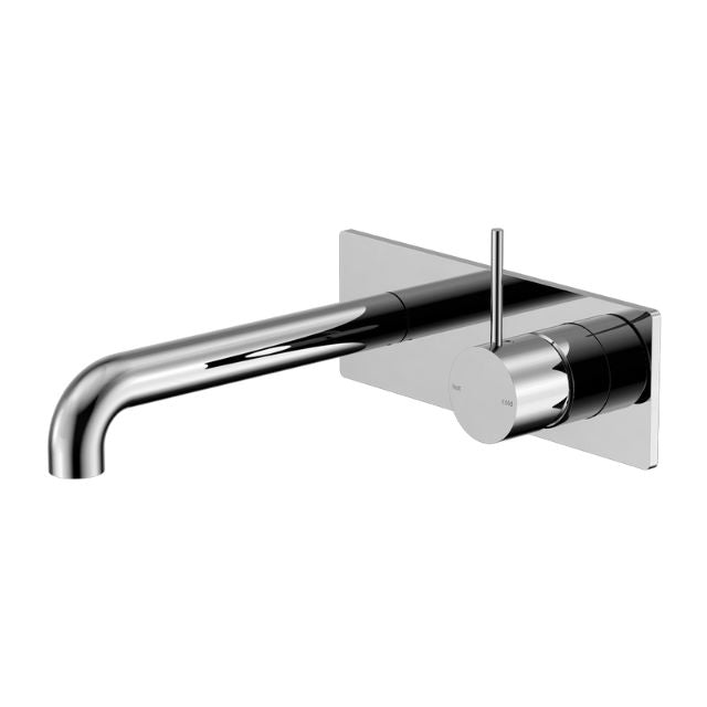 Nero Mecca wall basin/bath mixer tap in chrome, handle up, with 120mm spout and square backplate on white background