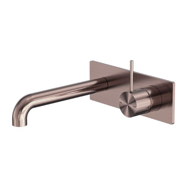 Nero Mecca wall basin/bath mixer in brushed bronze, handle-up with 185mm spout and rectangular backplate
