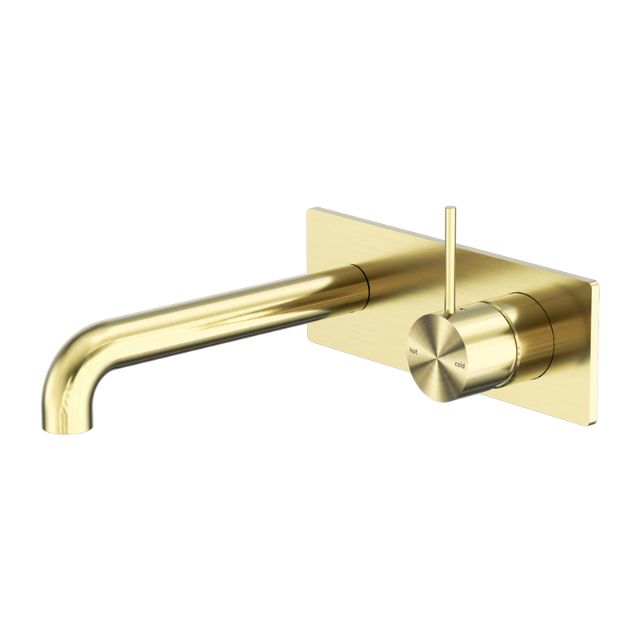 Nero Mecca wall basin/bath mixer in brushed gold, handle-up design with 260mm spout and rectangular backplate