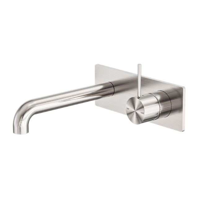 Nero Mecca wall basin/bath mixer with 260mm spout, brushed nickel finish, wall-mounted handle-up tapware for bathroom
