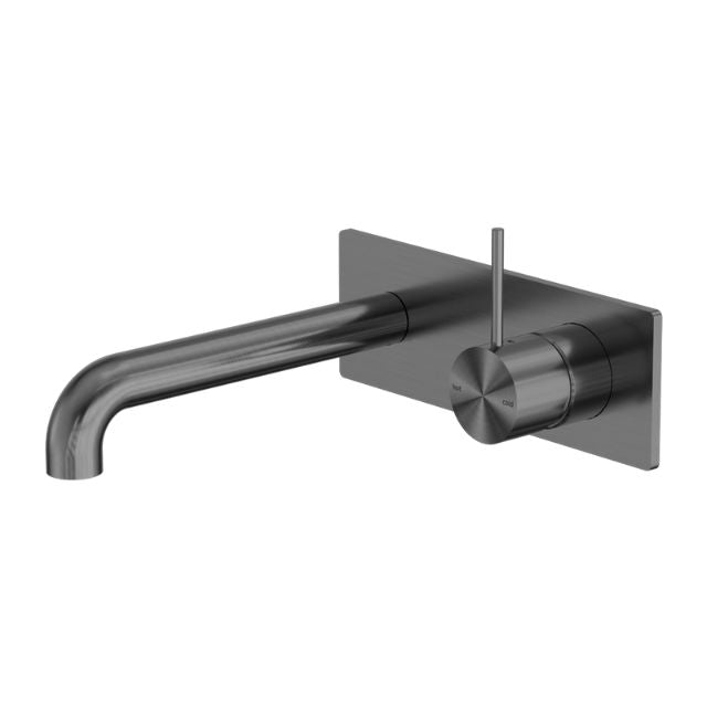 Nero Mecca wall-mounted basin/bath mixer in gunmetal, with handle-up 260mm spout and rectangular backplate