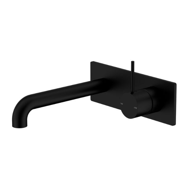 Nero Mecca wall basin/bath mixer in matte black, handle up, with 260mm spout and rectangular wall plate