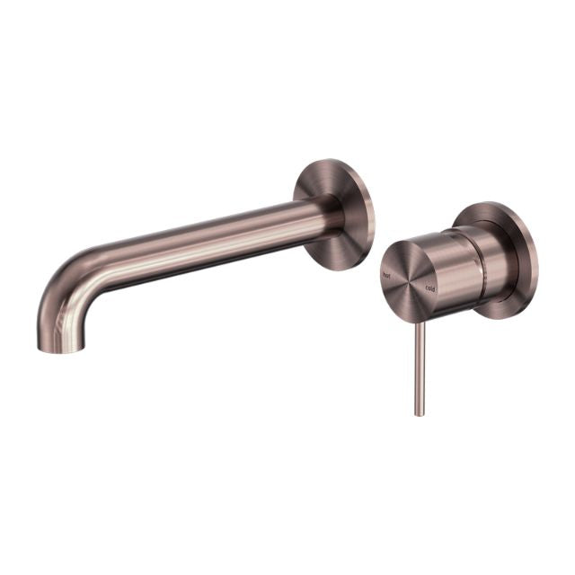 Nero Mecca wall basin/bath mixer in brushed bronze, with separate round back plate and 120mm spout side view