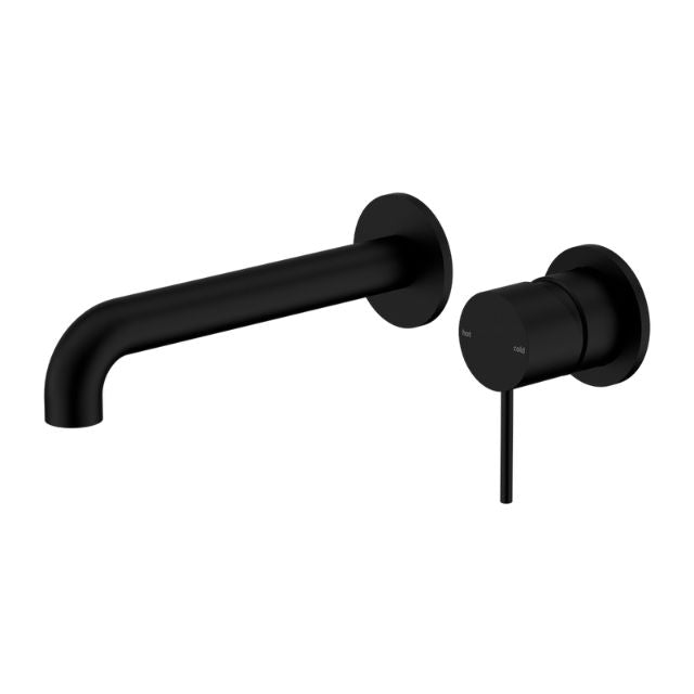 Nero Mecca wall basin/bath mixer set in matte black with separate back plate, wall-mounted tap and round spout