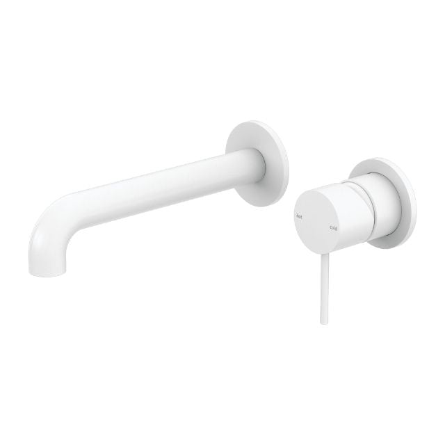 Nero Mecca wall basin/bath mixer set in matte white, with separate back plate and 120mm spout, wall mounted