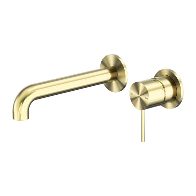 Nero Mecca wall basin/bath mixer set in brushed gold with separate back plate and 260mm spout, wall-mounted tap set