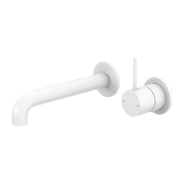 Nero Mecca wall basin/bath mixer in matte white, with separate wall spout and handle-up mixer plate