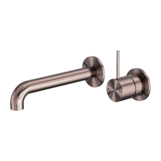 Nero Mecca wall basin/bath mixer set in brushed bronze, with 230mm spout and separate back plate handle up design