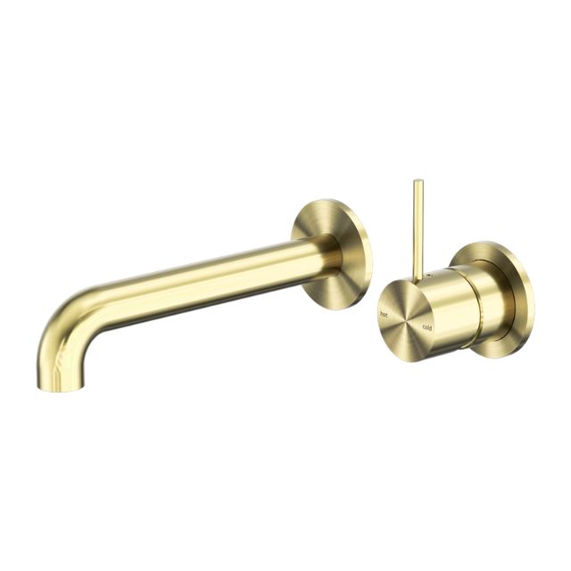 Nero Mecca wall basin/bath mixer set in brushed gold with separate round back plates and 260mm spout, wall mounted