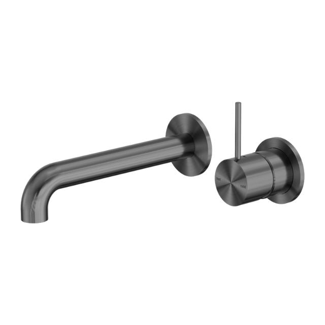 Nero Mecca wall basin/bath mixer set in gunmetal with 260mm spout and separate back plate, handle up on white background