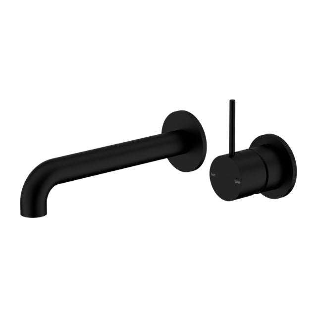 Nero Mecca matte black wall basin/bath mixer set with 260mm curved spout and separate wall handle plate