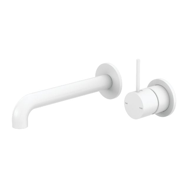 Nero Mecca wall basin/bath mixer in matte white with 260mm spout, separate round back plate and handle-up mixer