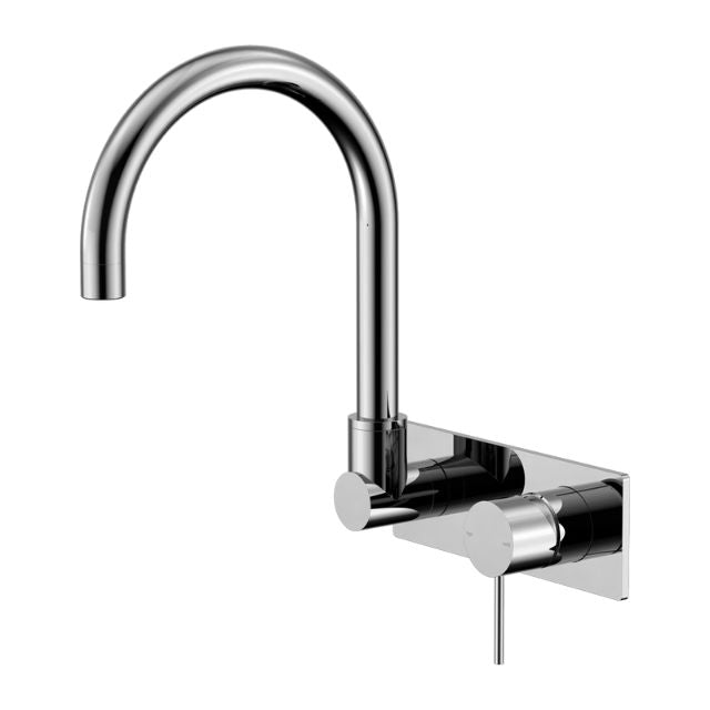 Nero Mecca wall basin/bath mixer with swivel spout in chrome, wall-mounted tap on rectangular backplate, front view