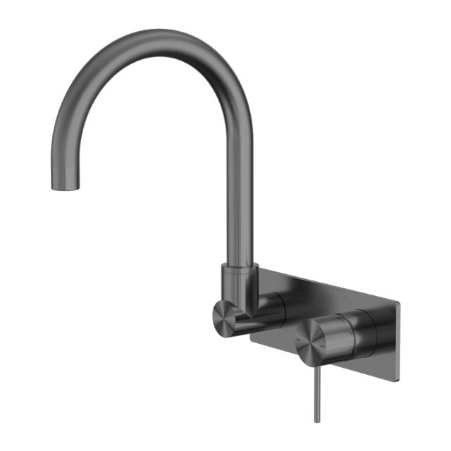 Nero Mecca wall basin/bath mixer with swivel spout, gun metal finish, wall-mounted tap on rectangular backplate