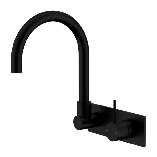 Nero Mecca wall basin/bath mixer tap in matte black with swivel spout and handle-up wall plate view