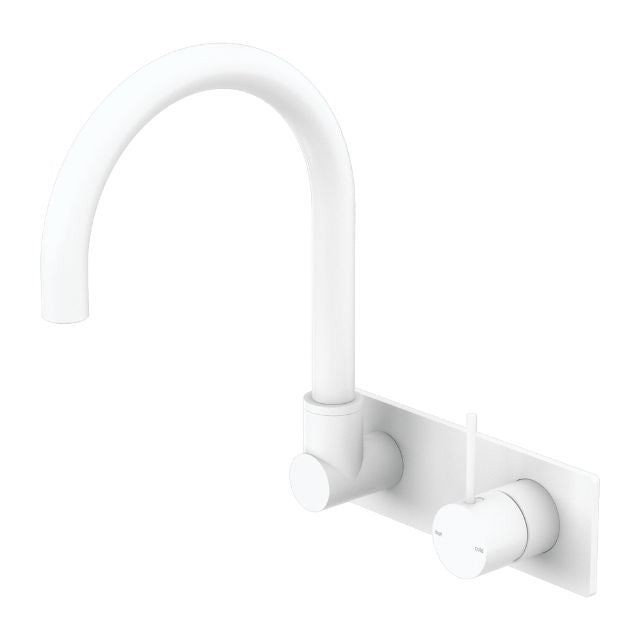 Nero Mecca wall basin/bath mixer in matte white, wall-mounted with swivel spout and handle-up design