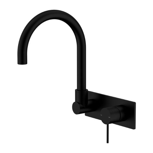 Nero Mecca wall basin/bath mixer with swivel spout, matte black, wall-mounted tap on rectangular backplate