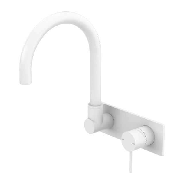 Nero Mecca wall basin/bath mixer tap in matte white with swivel spout and wall plate, modern round handle, side view