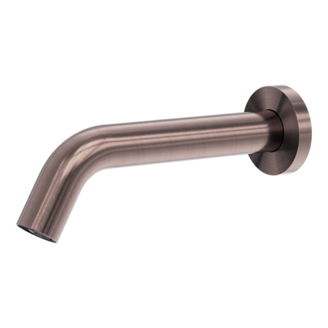 Nero Mecca wall-mounted sensor tap in brushed bronze, shown in side view with round wall plate and curved spout
