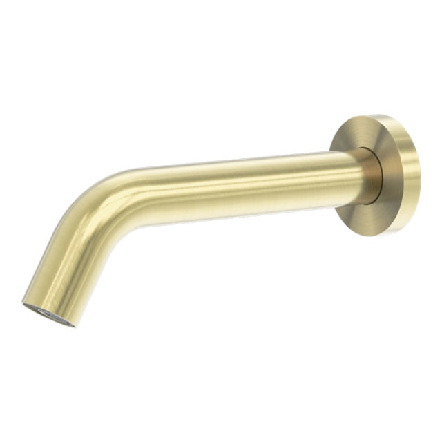 Nero Mecca wall-mounted sensor basin tap in brushed gold, shown in side view with round wall plate and angled spout