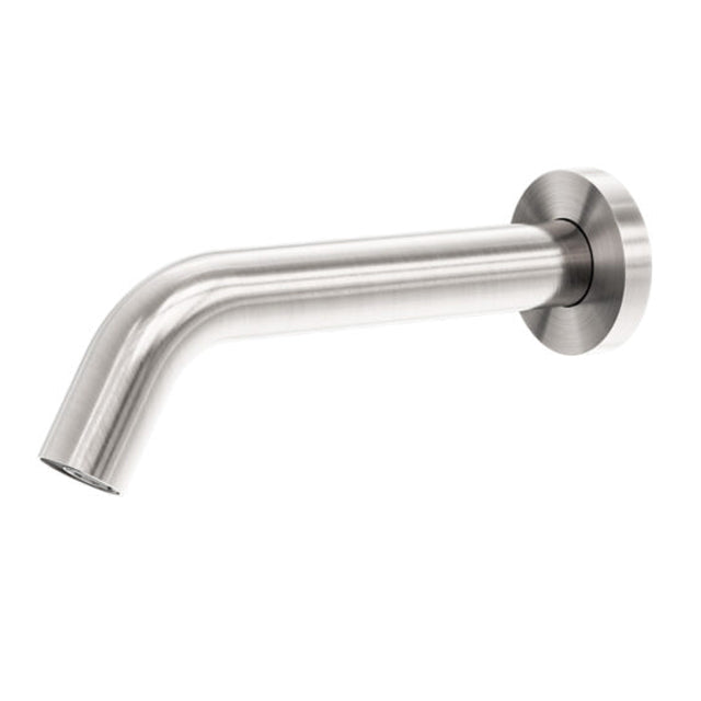 Nero Mecca wall-mounted sensor tap spout in brushed nickel, with curved round wall plate and long spout end view