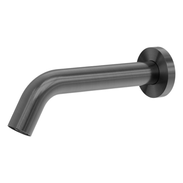 Nero Mecca wall-mounted sensor tap spout in gun metal, with curved brass body and round wall plate