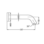 Nero Mecca wall mounted sensor tap technical drawing, matte white, 197mm spout reach with 30° angled outlet