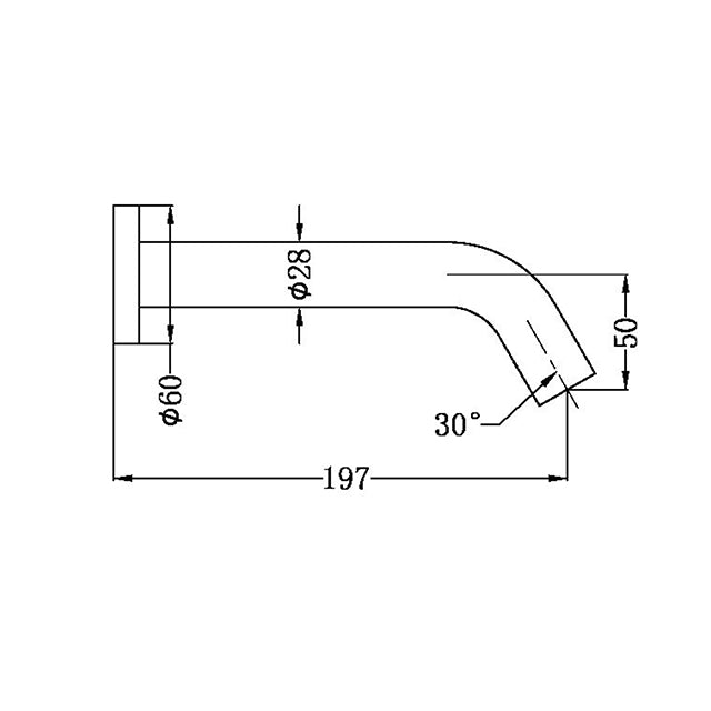 Nero Mecca wall mounted sensor tap technical drawing, matte white, 197mm spout reach with 30° angled outlet