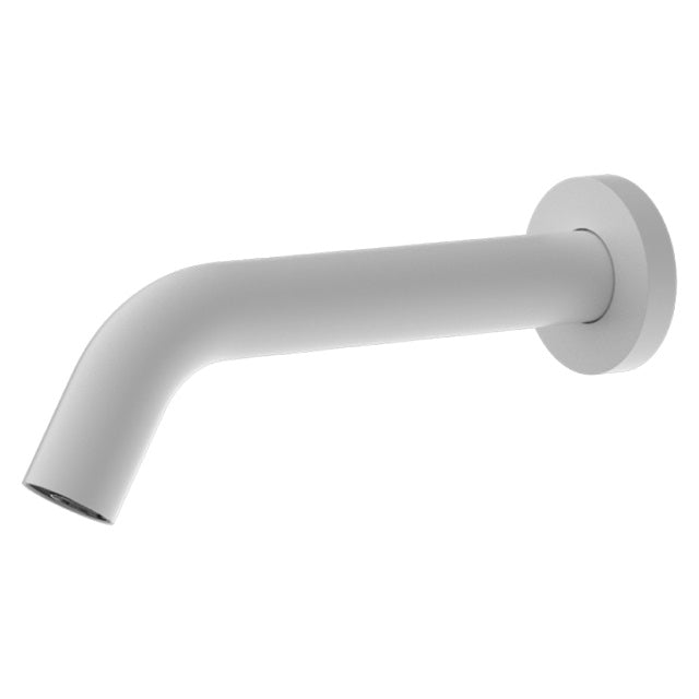 Nero Mecca wall-mounted sensor tap in matte white, curved brass basin mixer with round backplate