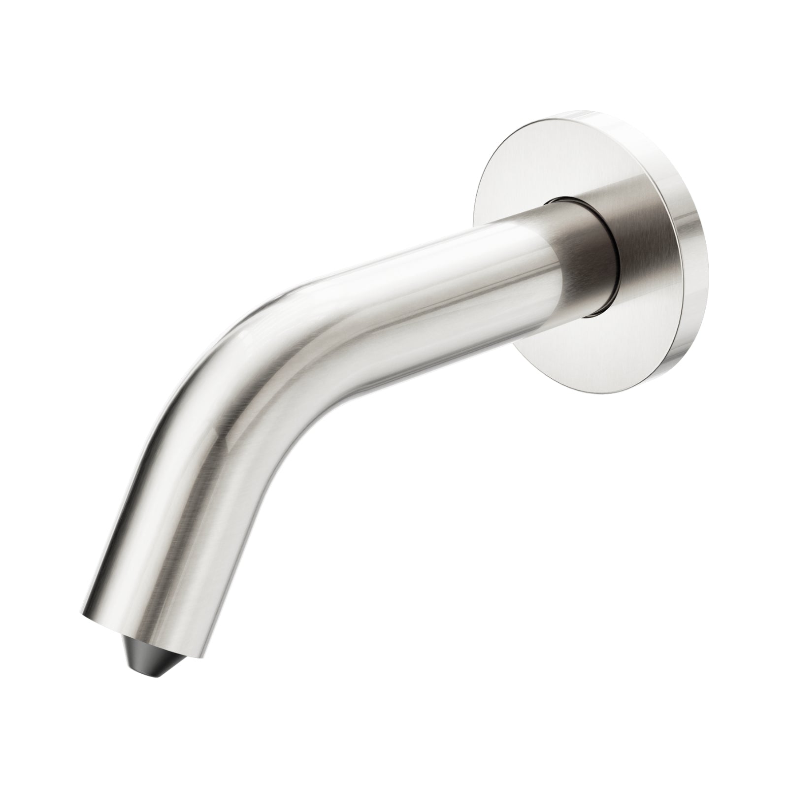 Nero Mecca wall-mounted sensor soap dispenser in brushed nickel, angled view on white background