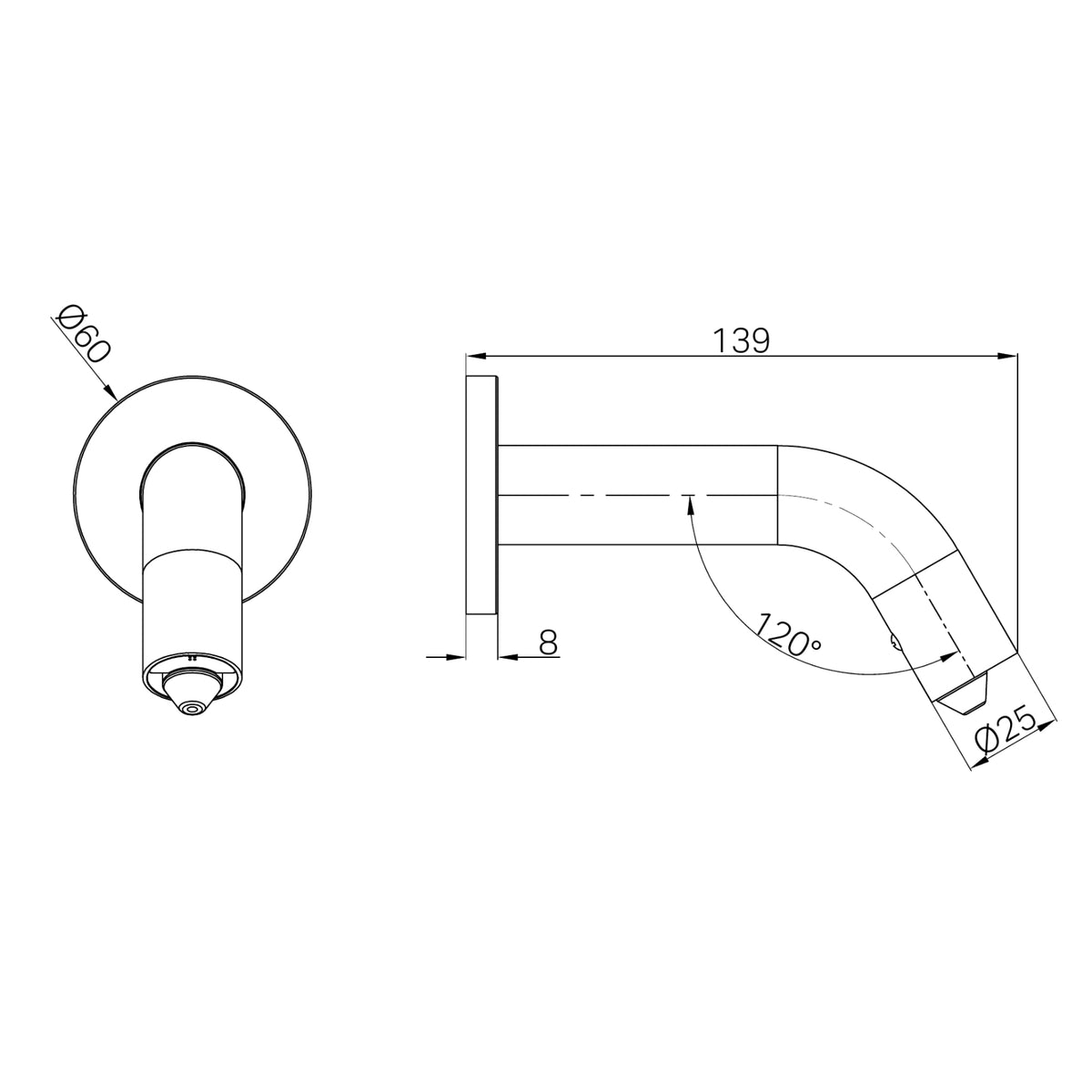 Nero Mecca wall mounted soap sensor dispenser technical drawing, showing front and side views with dimensions and 60mm round plate