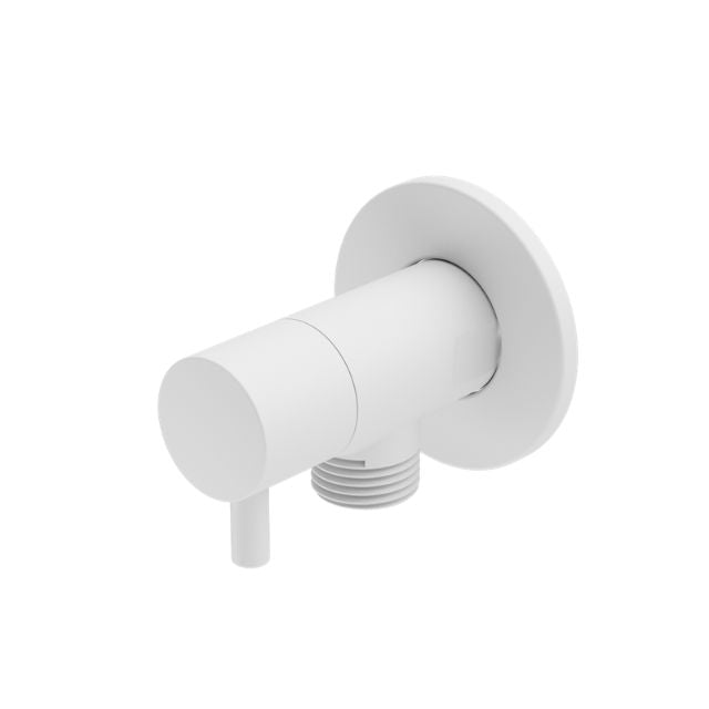 Nero Mini Cistern Stop tap in matte white, round wall plate and compact brass design on white background
